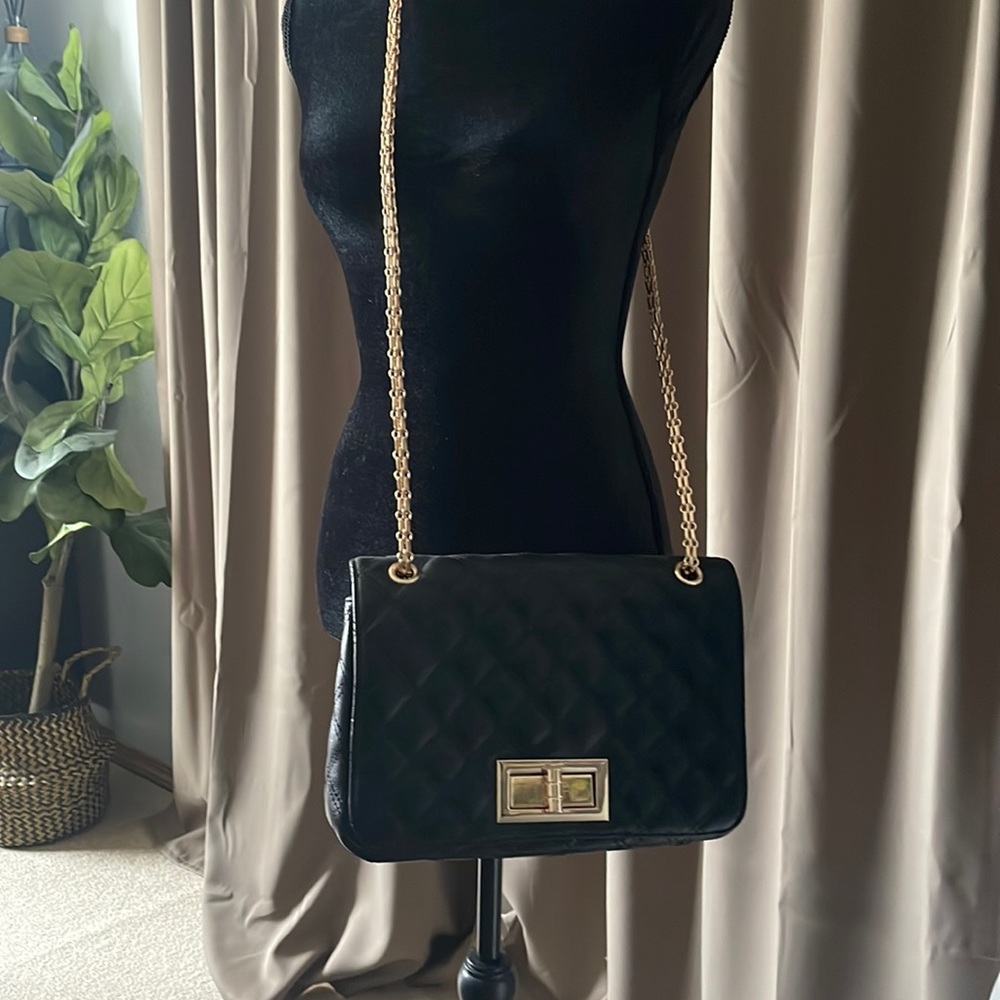 Quilted Black Faux Leather handbag purse with gold chain - Discounted Shipping!